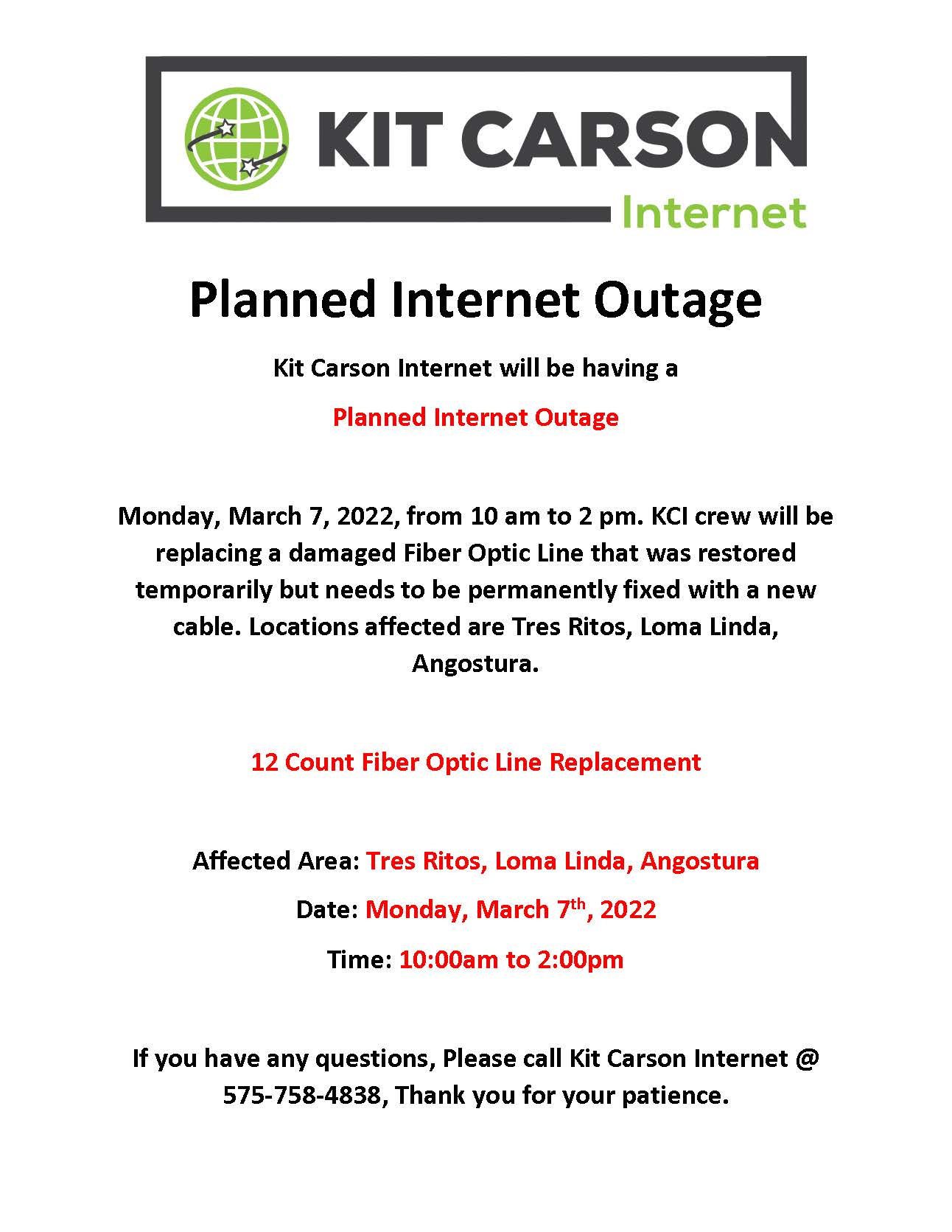 Planned Outage March 07, 2022, from 1000 am 200 pm