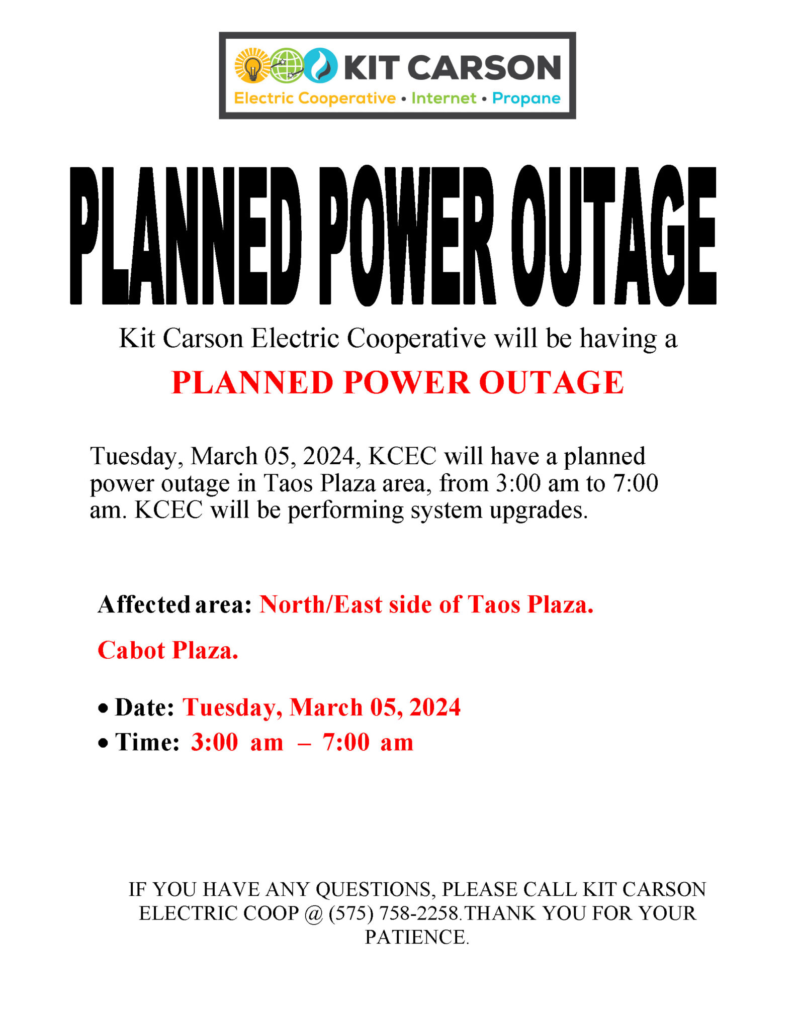 KCEC Planned Power Outage 03/05/2024 Kit Carson Electric Cooperative